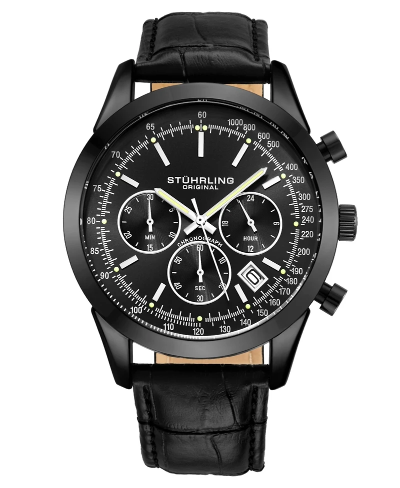 Stuhrling Men's Monaco Black Leather, Black Dial, 44mm Round Watch