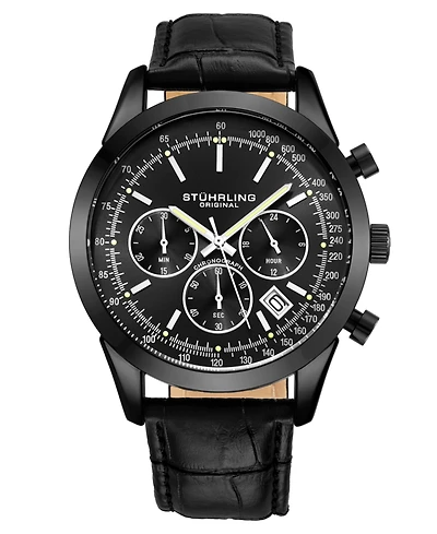 Stuhrling Men's Monaco Black Leather, Black Dial, 44mm Round Watch
