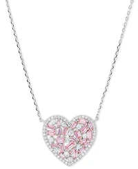 Pink & White Cubic Zirconia Heart Halo Pendant Necklace in Sterling Silver, 18" + 2" extender