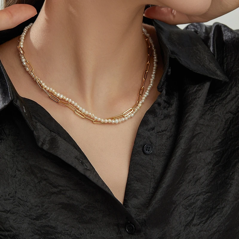 Joey Baby 18K Gold Plated Paper Clip Chain with Freshwater Pearls - Mollie Necklace 17" For Women