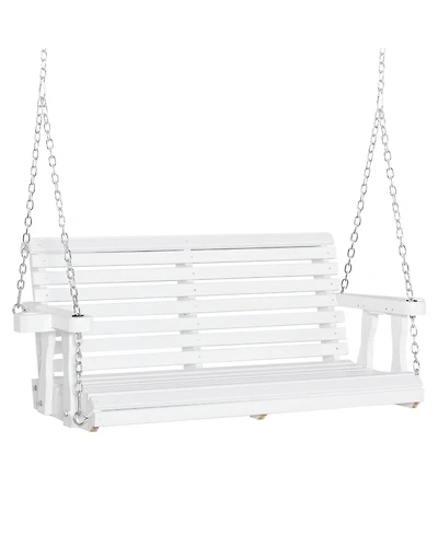 Outsunny 46" 2 Person Wooden Hanging Porch Swing Bench, Slatted Front Porch Swing Outdoor Chair with Cupholder Armrests 440 lbs. Weight Capacity, Whit