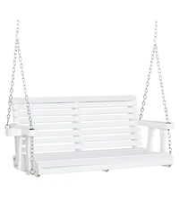 Outsunny 46" 2 Person Wooden Hanging Porch Swing Bench, Slatted Front Porch Swing Outdoor Chair with Cupholder Armrests 440 lbs. Weight Capacity, Whit