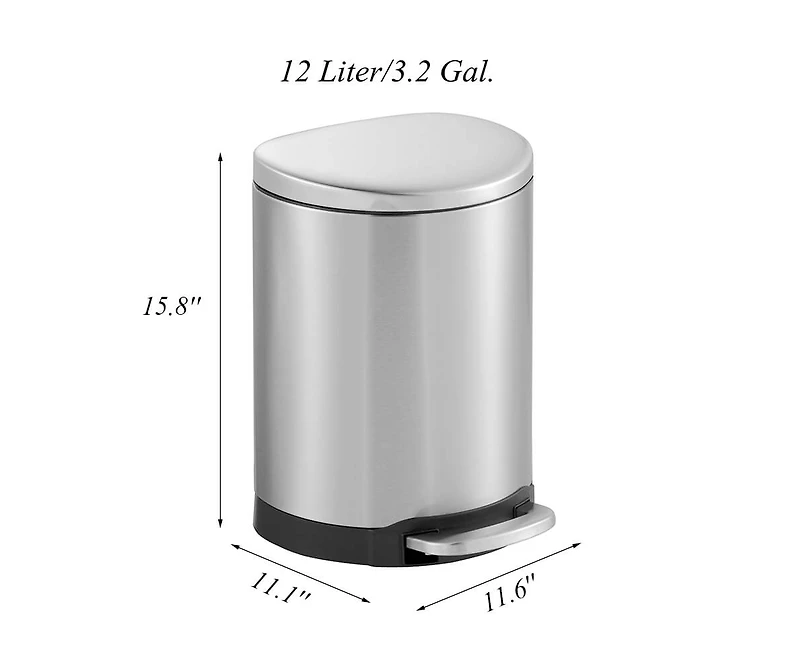 3.2 Gal./12 Liter Stainless Steel Semi-round Step-on Trash Can for Bathroom and Office