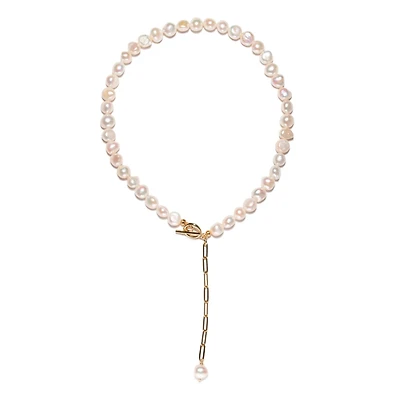 18K Gold Plated Paper Clip Chain with Freshwater Pearls - Morgan Necklace 17" For Women