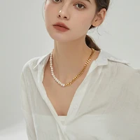 18K Gold Plated Freshwater Pearl with Cuban Chain - Lauren Necklace 17" For Women