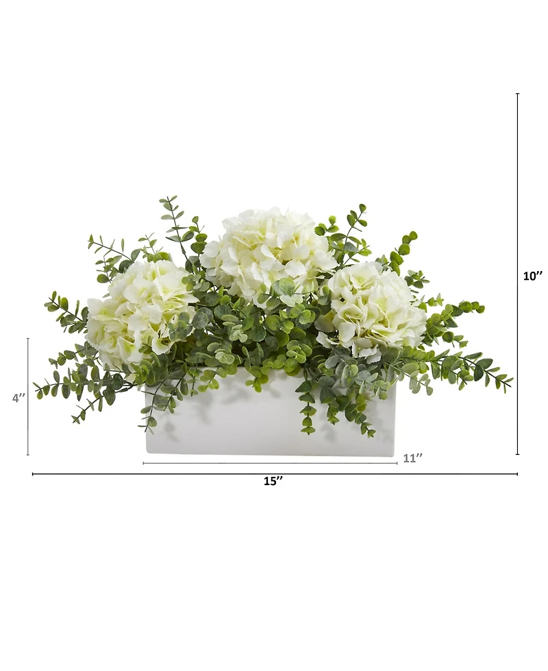 Nearly Natural 15in. Hydrangea and Eucalyptus Artificial Arrangement in White Vase