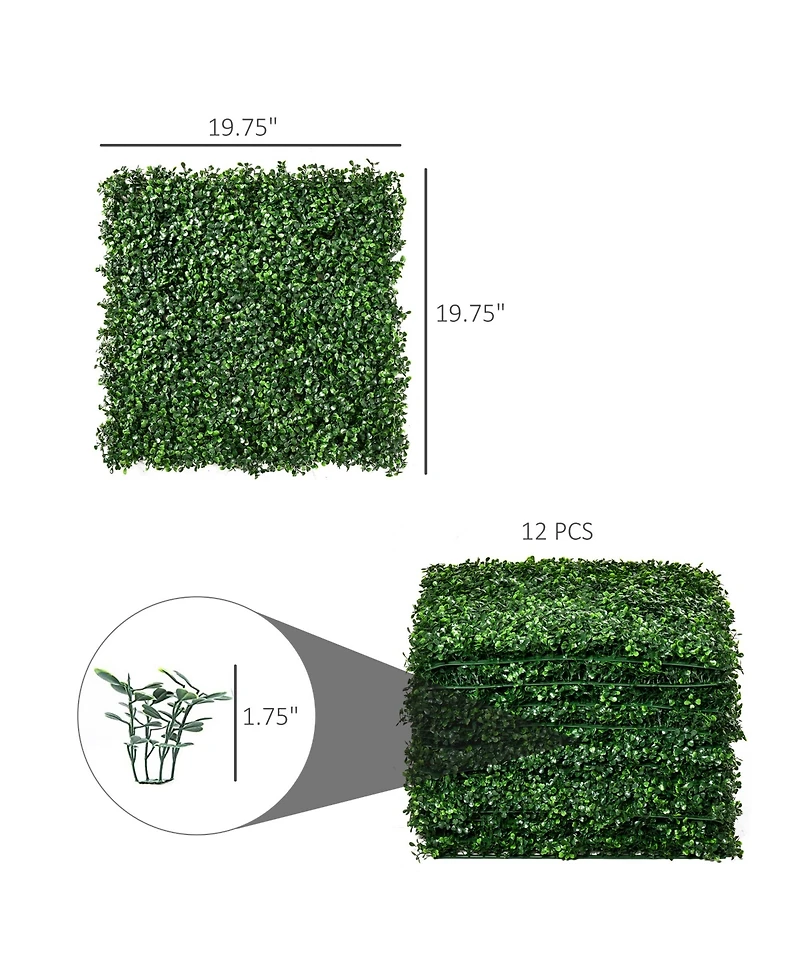 Outsunny 12 Pcs 20" x 20" Artificial Boxwood Panels Topiary Wall Greenery Backdrop, Privacy Hedge Screen Uv Protected 4Layer Roll Grass Panel Fence De