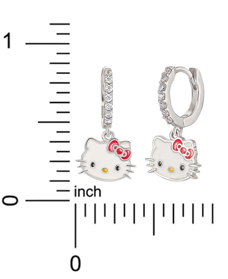Cubic Zirconia & Enamel Hello Kitty Dangle Hoop Drop Earrings in Sterling Silver