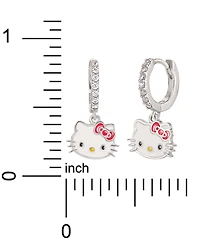 Cubic Zirconia & Enamel Hello Kitty Dangle Hoop Drop Earrings in Sterling Silver