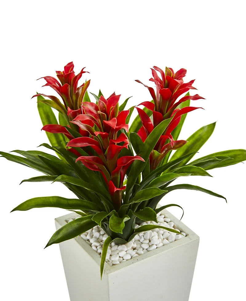 Nearly Natural Triple Bromeliad Artificial Plant in White Tower Planter