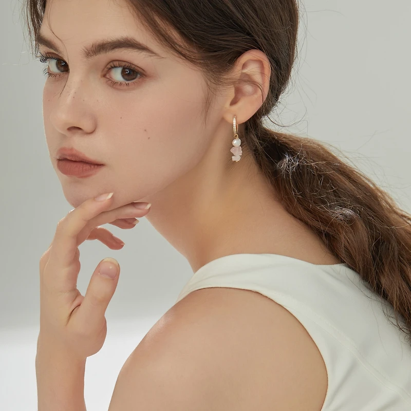 Joey Baby 18K Gold Plated Freshwater Pearls with Rose Quartz Mismatch Style - Manifesting it! Earrings For Women