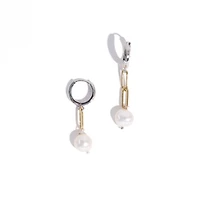 18k Gold Plated Paper Clip Chain and Silver Plated Huggies with Freshwater Pearls - Sake Earrings For Women