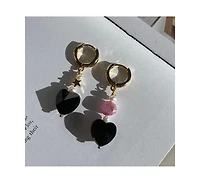 18K Gold Plated Huggied with Pink Dyed Freshwater Pearls and Black Heart Charms - Madison Earrings For Women