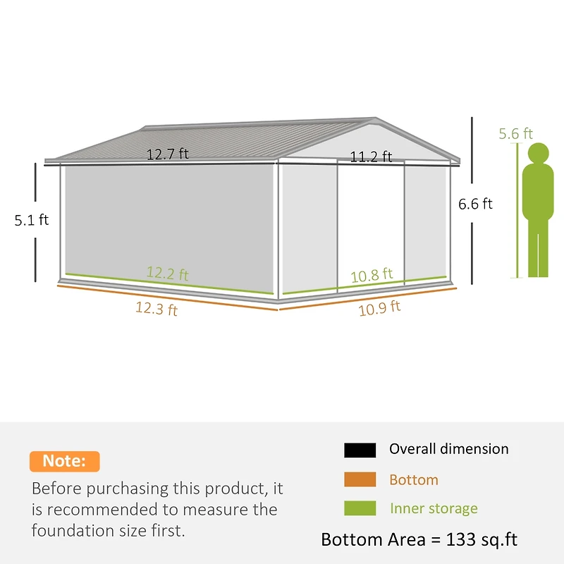 Outsunny 11' x 12.6' Storage Shed Garden Tool House w/ Vents Doors Charcoal
