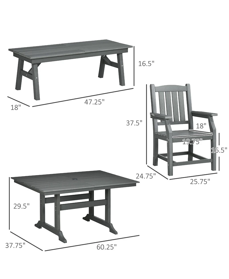 Outsunny 6 Pieces Patio Dining Set, 6 Seater Outdoor Table and Chairs, Conversation Furniture, Armrests, Loveseat Bench, Dinner Table with Umbrella Ho