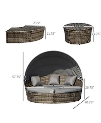 Outsunny 4-Piece Rattan Patio Furniture Set, Round Convertible Daybed or Sunbed with Adjustable Sun Canopy, Sectional Sofa, 2 Chairs, Table