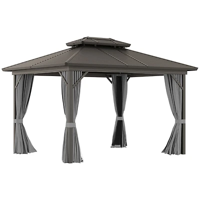 Outsunny 10' x 12' Metal Roof Hardtop Gazebo w/ Curtains & Netting,