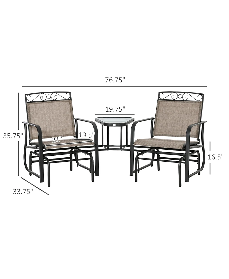 Outsunny Outdoor Glider Chairs with Coffee Table, Patio 2-Seat Rocking Chair Swing with Breathable Sling for Backyard, Garden and Porch, Brown