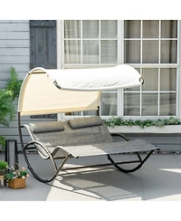 Outsunny Outdoor Double Chaise Rocking Chair, Day Bed Sun Lounger with Canopy Shade, Headrest Pillow, Armrests for Garden, Poolside, Light Gray
