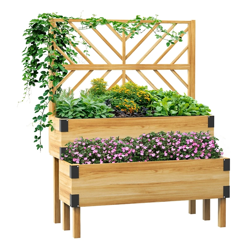 Outsunny 2 Tier Trellis Planter, Wooden Raised Garden Bed, Natural