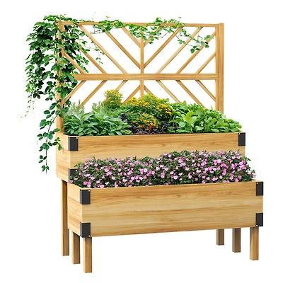 Outsunny 2 Tier Trellis Planter, Wooden Raised Garden Bed, Natural