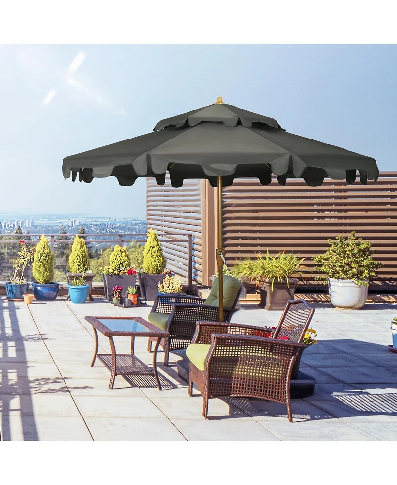 Outsunny 9' Patio Umbrella with Push Button Tilt and Crank, Double Top Ruffled Outdoor Market Table Umbrella with 8 Ribs, for Garden, Deck, Pool, Gray