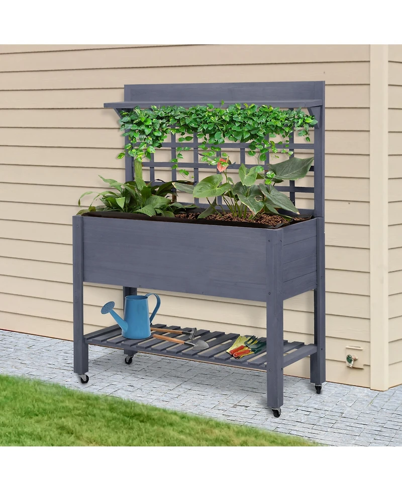 Outsunny 41" Raised Garden Bed with Wheels, Trellis & Storage Shelves,