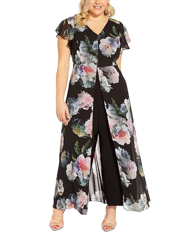Adrianna Papell Plus Floral Chiffon Overlay Jumpsuit