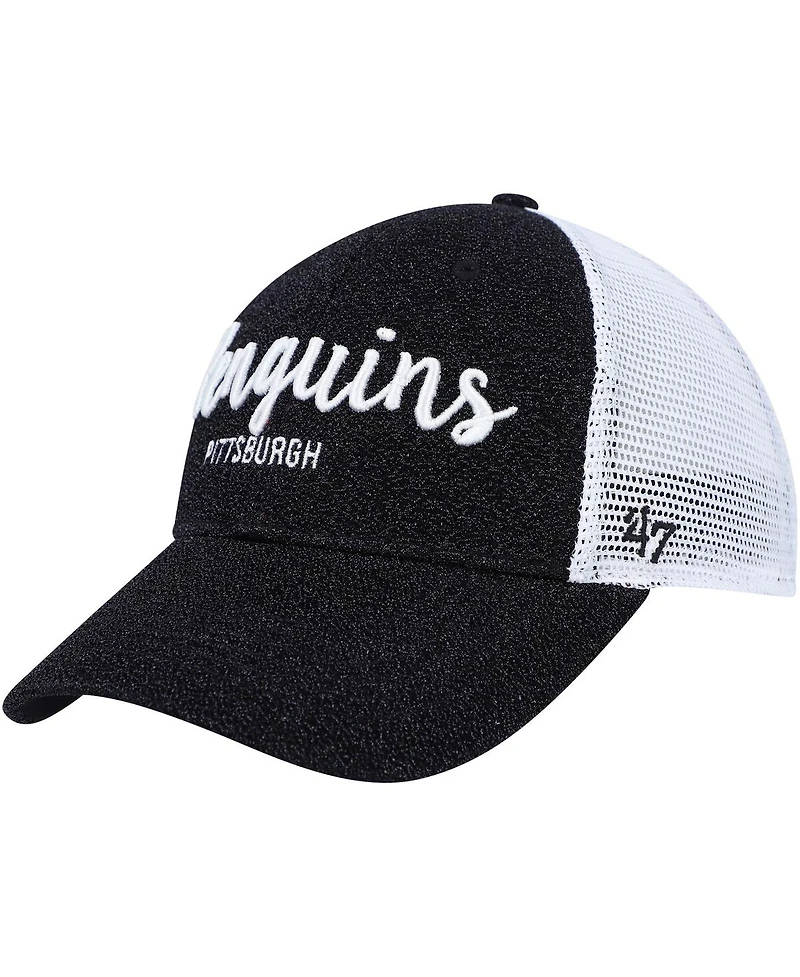 Women's '47 Brand Black, White Pittsburgh Penguins Encore Mvp Trucker Snapback Hat