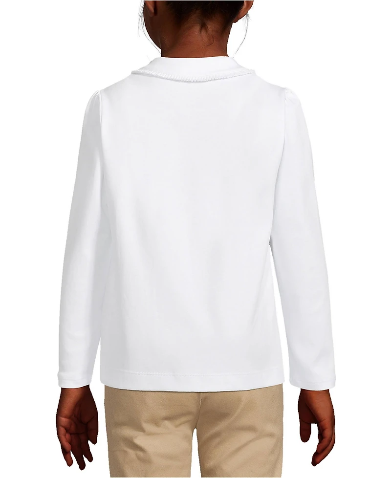 Lands' End Girls School Uniform Long Sleeve Ruffled Peter Pan Collar Polo Knit Shirt