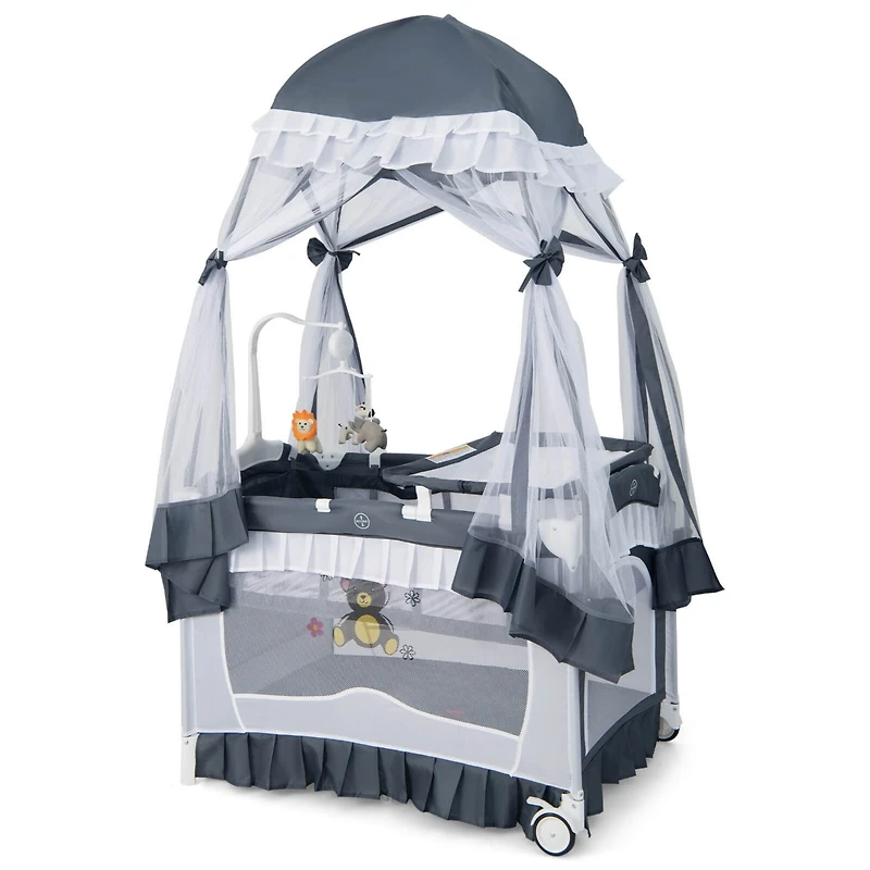 Costway Baby 4 in 1 Portable Playard Crib Bassinet Bed Changing Table Canopy