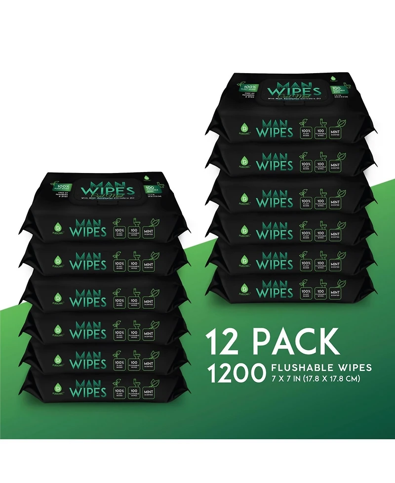 Pursonic 12 Pack of Flushable Man Wipes (1200 Mint Scented Wipes)
