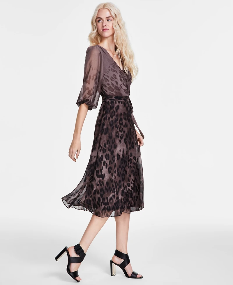 Dkny Women's Printed Faux-Wrap Balloon-Sleeve Dress