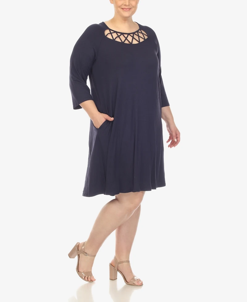 White Mark Plus Criss Cross Neckline 3/4 Sleeve Swing Dress