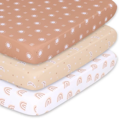 The Peanutshell Pack n Play, Mini Crib, Portable Crib or Fitted Playard Sheets for Baby Girl or Boy, 3 Pack Set, Clay, Rust, and White Boho