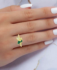 Lab-Grown Malachite & Cubic Zirconia Butterfly Ring 14k Gold-Plated Sterling Silver