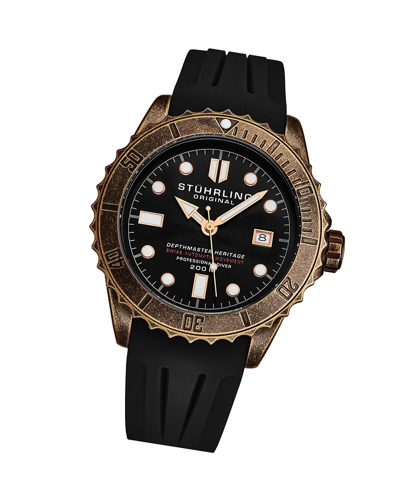 Stuhrling Men s Depthmaster Heritage 1003 44mm Swiss Automatic Diver Watch, Copper-Tone Bezel, Exhibition Caseback, Silicone Strap