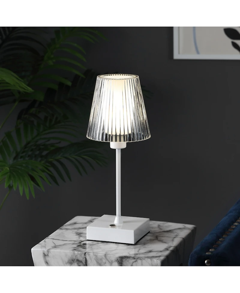 Oscar 12.5" Modern Industrial Rechargeable, Cordless Iron, Acrylic Integrated Led Table Lamp with Ribbed Shade