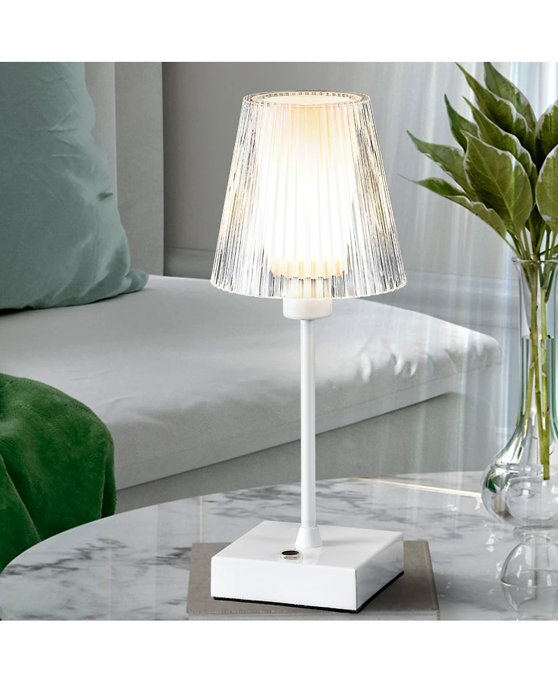 Oscar 12.5" Modern Industrial Rechargeable, Cordless Iron, Acrylic Integrated Led Table Lamp with Ribbed Shade