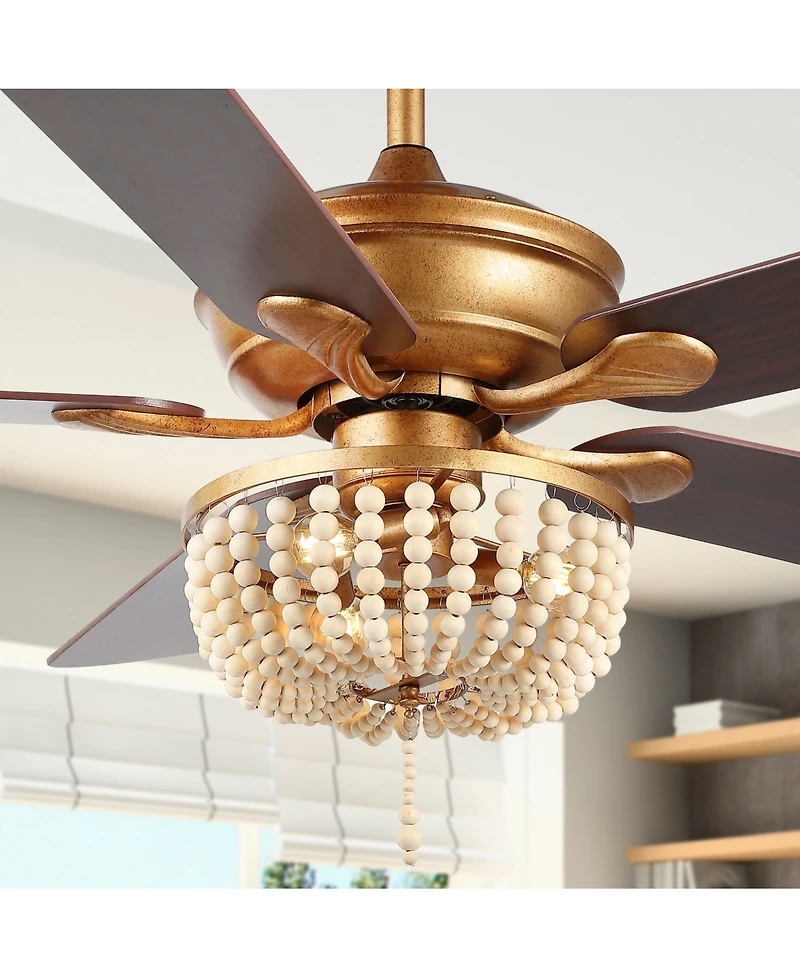 Erin 52" 3-Light Rustic Farmhouse Iron, Wood Bead Mobile-App, Remote-Controlled Led Ceiling Fan