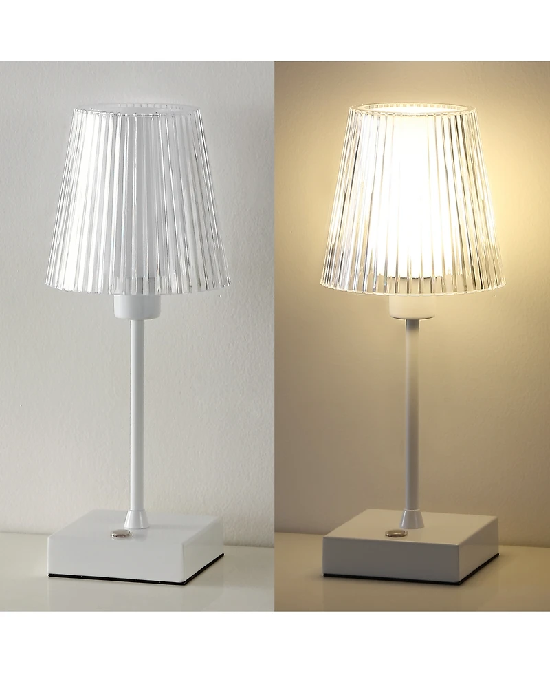 Oscar 12.5" Modern Industrial Rechargeable, Cordless Iron, Acrylic Integrated Led Table Lamp with Ribbed Shade