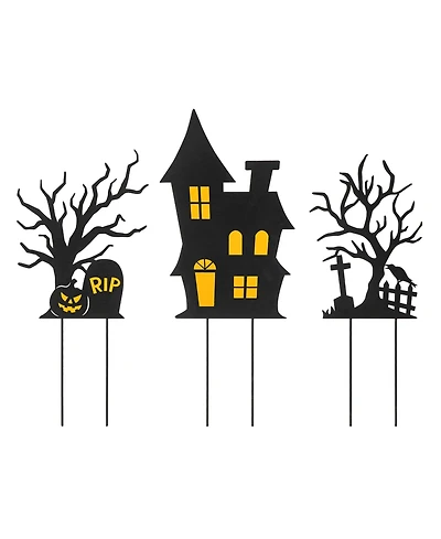Glitzhome 24" H Halloween Metal Haunted House and Ghost Tree Yard Stake Decor, Set of 3