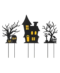 Glitzhome 24" H Halloween Metal Haunted House and Ghost Tree Yard Stake Decor, Set of 3