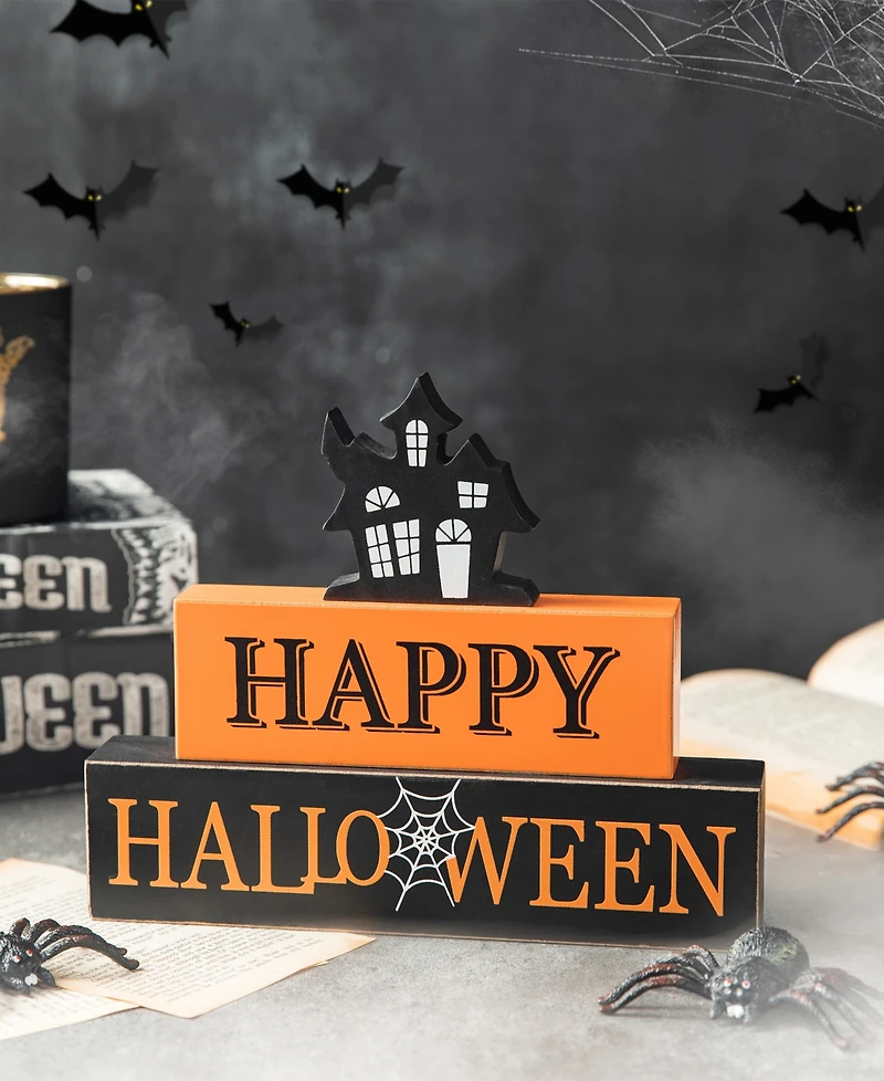 Glitzhome 9.5" L Happy Halloween Wooden Haunted House Block Sign