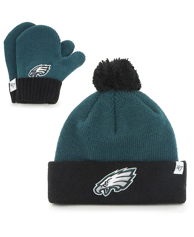 Infant Boys and Girls '47 Brand Midnight Green and Black Philadelphia Eagles Bam Bam Cuffed Knit Hat With Pom and Mittens Set
