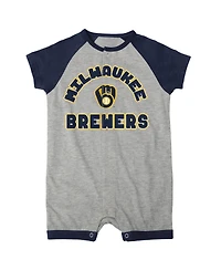 Newborn and Infant Boys Girls Heather Gray Milwaukee Brewers Extra Base Hit Raglan Full-Snap Romper