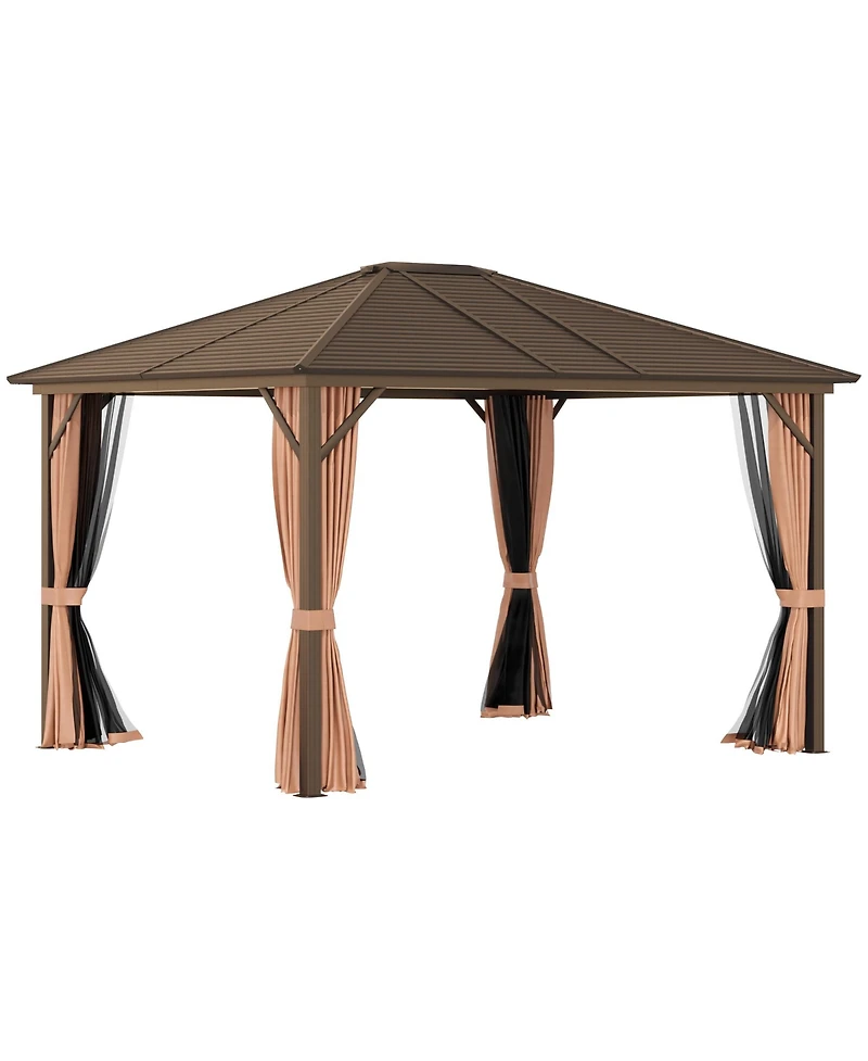 Outsunny 10' x12' Hardtop Gazebo with Aluminum Frame, Permanent Metal Roof Gazebo Canopy with 2 Hooks, Curtains and Netting for Garden, Patio, Backyar