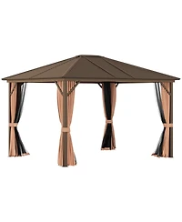 Outsunny 10' x12' Hardtop Gazebo with Aluminum Frame, Permanent Metal Roof Gazebo Canopy with 2 Hooks, Curtains and Netting for Garden, Patio, Backyar