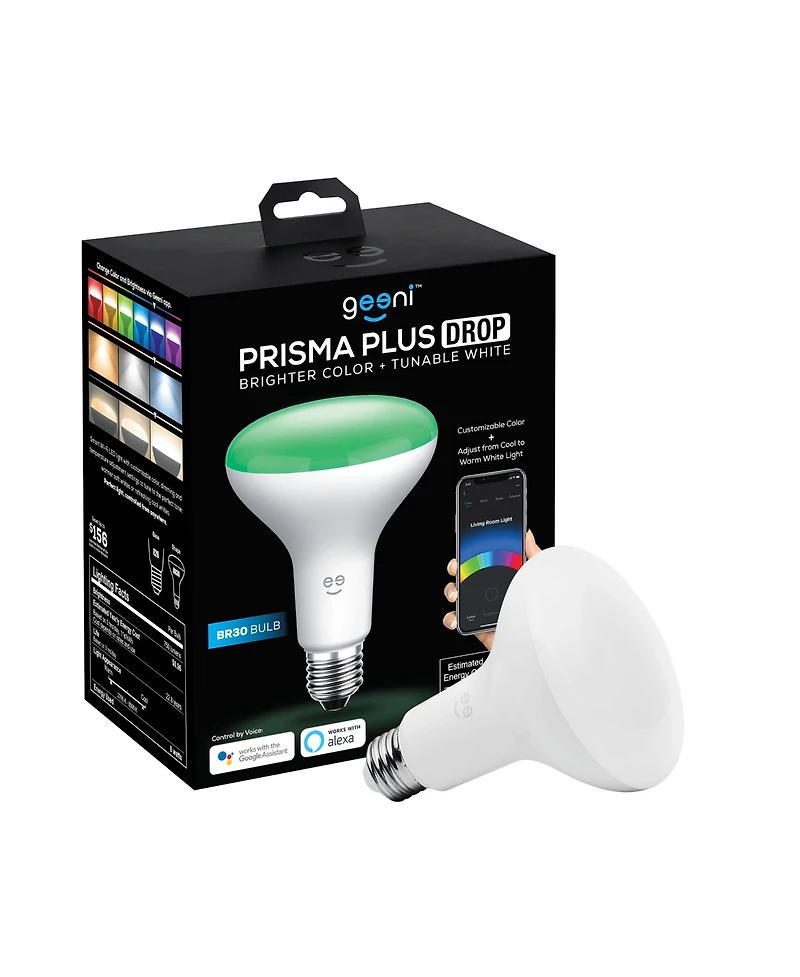 Geeni Prisma Drop 2700K-6500K Tunable and Dimmable BR30 Led Smart Light Bulb, Rgbw Wi-Fi Bulb, No Hub Required, Compatible with Alexa and Google Assis