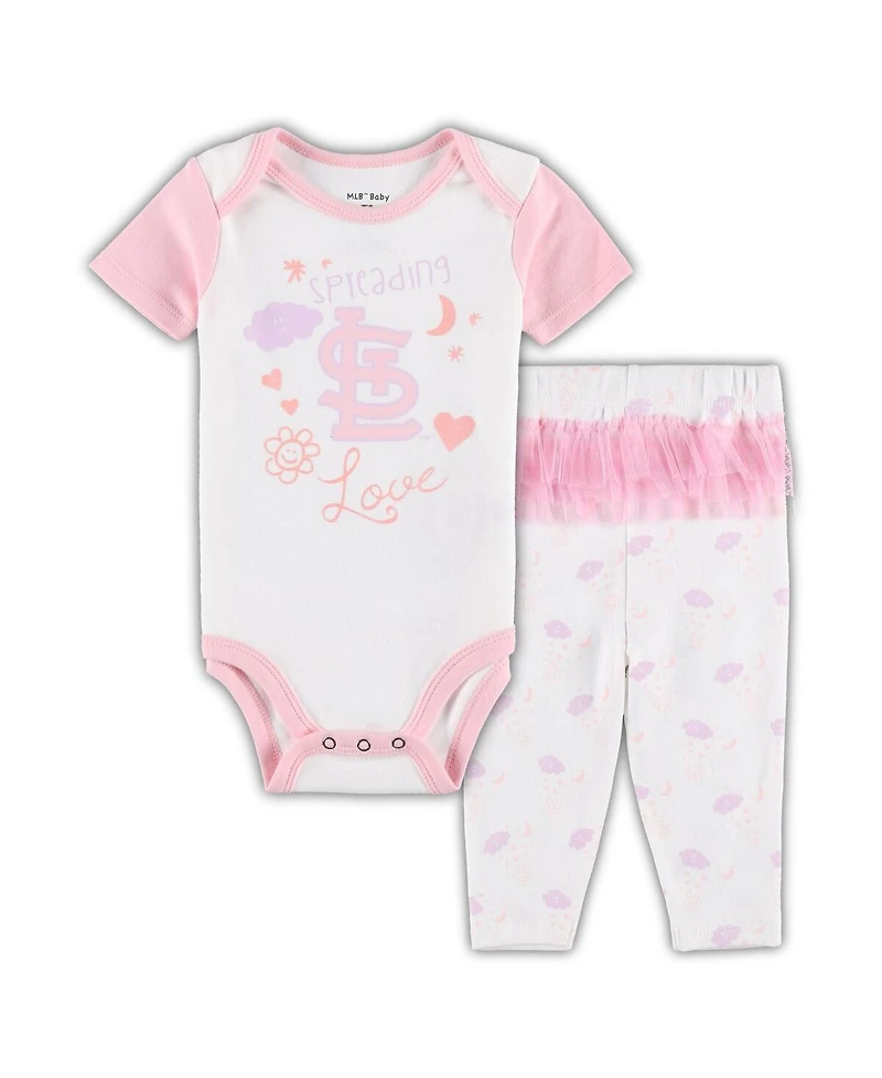 Newborn and Infant Boys Girls White Pink St. Louis Cardinals Spreading Love Bodysuit Tutu with Leggings Set